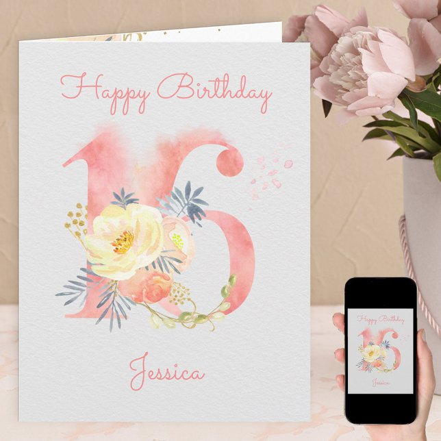 Carte Aquarelle Numéro 16 Personnalisée 15e anniversaire (Créateur téléchargé)