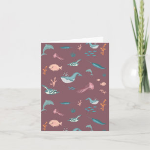 Carte Aquarelle Océan Sea Animaux Motif rose pâle