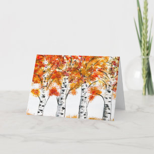 Carte Aquarelle Oiseaux Arbres Automne Orange Feuille