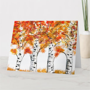Carte Aquarelle Oiseaux Arbres Automne Orange Feuille