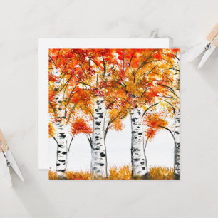 Carte Aquarelle Oiseaux Arbres Automne Orange Feuille