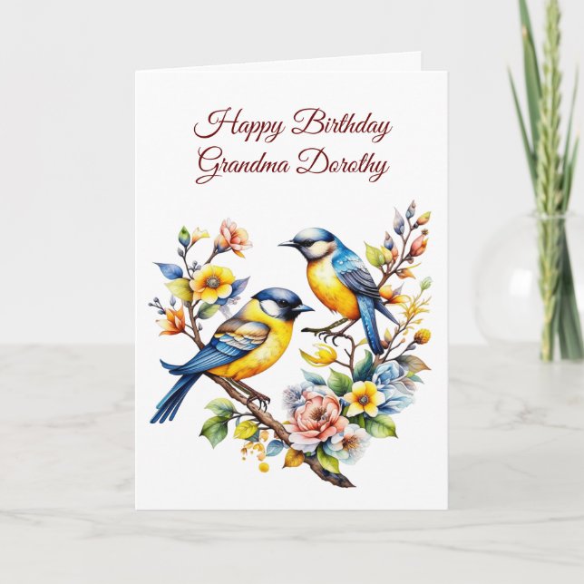 Carte Aquarelle Oiseaux et fleurs Anniversaire de grand- (Devant)