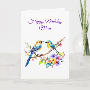 Carte Aquarelle Oiseaux et fleurs Anniversaire de maman