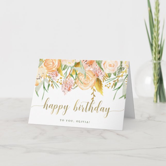 Carte Aquarelle or Floral | Joyeux anniversaire (Devant)