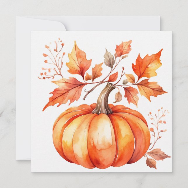 Carte Aquarelle orange Citrouille et feuilles d'automne (Devant)