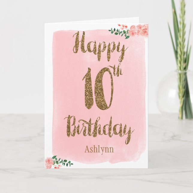 Carte Aquarelle Parties scintillant rose et or 10e anniv (Devant)