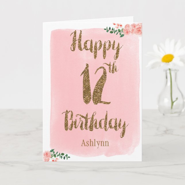 Carte Aquarelle Parties scintillant rose et or 12e anniv (Petite plante)