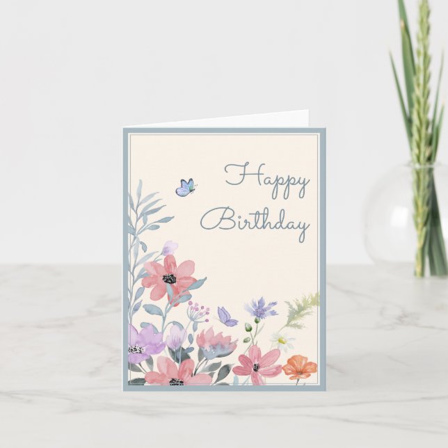 Carte Aquarelle pastel fleurs papillon anniversaire (Devant)