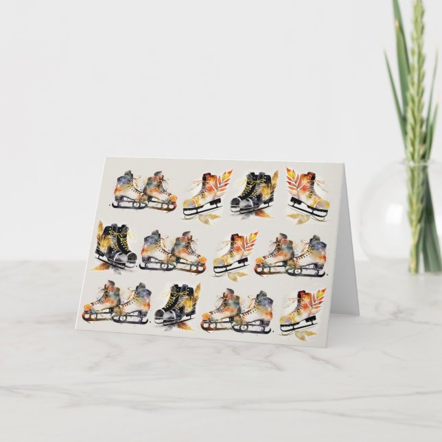 Carte Aquarelle Patins à glace avec feuilles d'automne M (Devant)