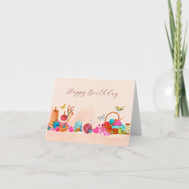 Carte Aquarelle pêche outils de couture art anniversaire (Devant)
