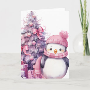 Carte Aquarelle Penguin et Arbre de Noël rose