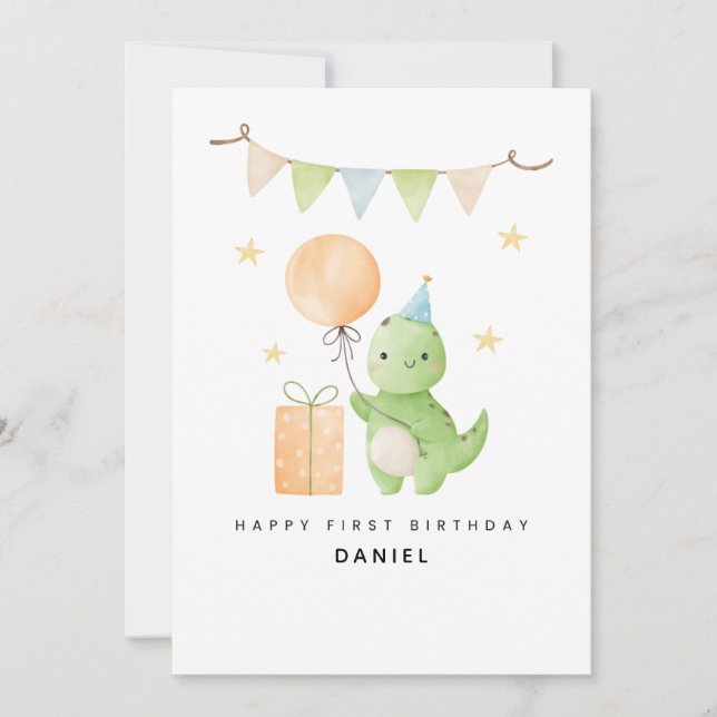 Carte Aquarelle personnalisée Cute Dinosaur 1er annivers (Devant)