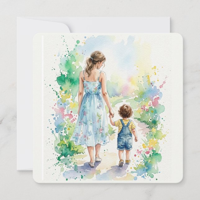 Carte Aquarelle personnalisée de mère et fils (Devant)