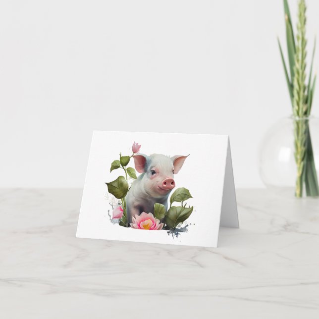 Carte Aquarelle Piglet avec Fleurs BLANC (Devant)