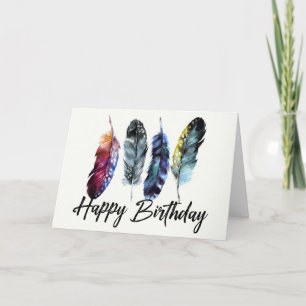 Carte Aquarelle Plumes Boho Joyeux anniversaire