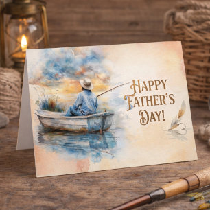 Carte Aquarelle Poisson Pêcheur Bleu Bonne Fête des Père