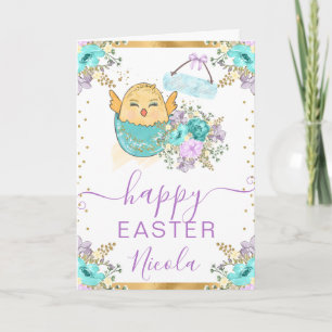 Carte Aquarelle Poussin et Fleurs Joyeuses Pâques