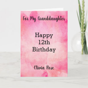 Carte Aquarelle rose 12e anniversaire petite-fille