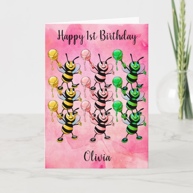 Carte Aquarelle rose Abeilles de miel Joyeux 1er anniver (Devant)