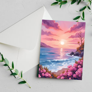 Carte aquarelle rose coucher de soleil océan baie 
