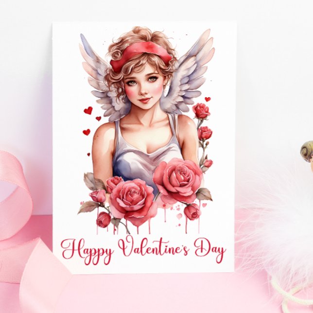 Carte Aquarelle Rose Cupidé Joyeux Valentines Day (Créateur téléchargé)