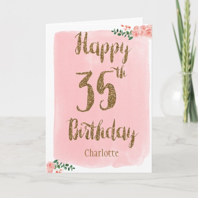 Carte Aquarelle rose et or 35e anniversaire (Devant)