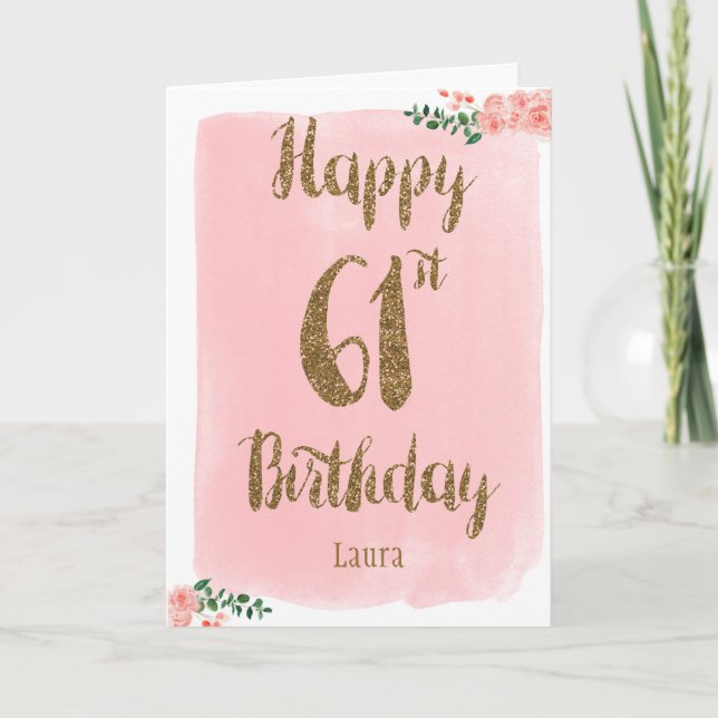 Carte Aquarelle rose et or 61e anniversaire (Devant)