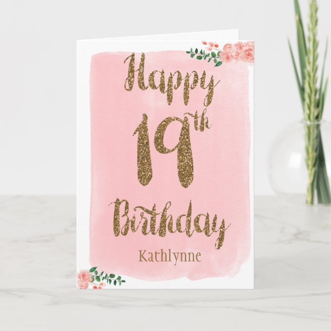 Carte Aquarelle rose et Parties scintillant or 19e anniv (Devant)