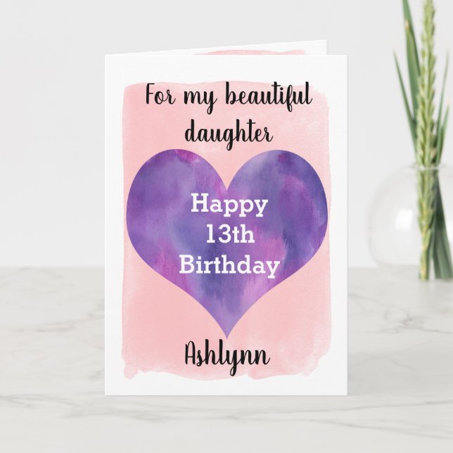 Carte Aquarelle rose et pourpre 13e anniversaire fille (Devant)