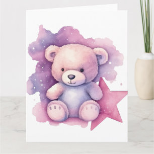 Carte Aquarelle rose étoile Teddy Bear