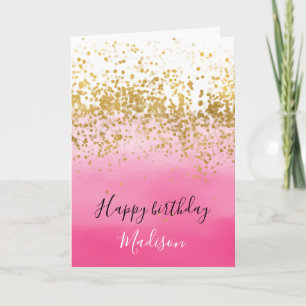 Carte Aquarelle rose Fille Ombre Gold Confetti