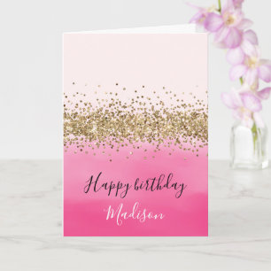 Carte Aquarelle rose Fille Ombre Parties scintillant or