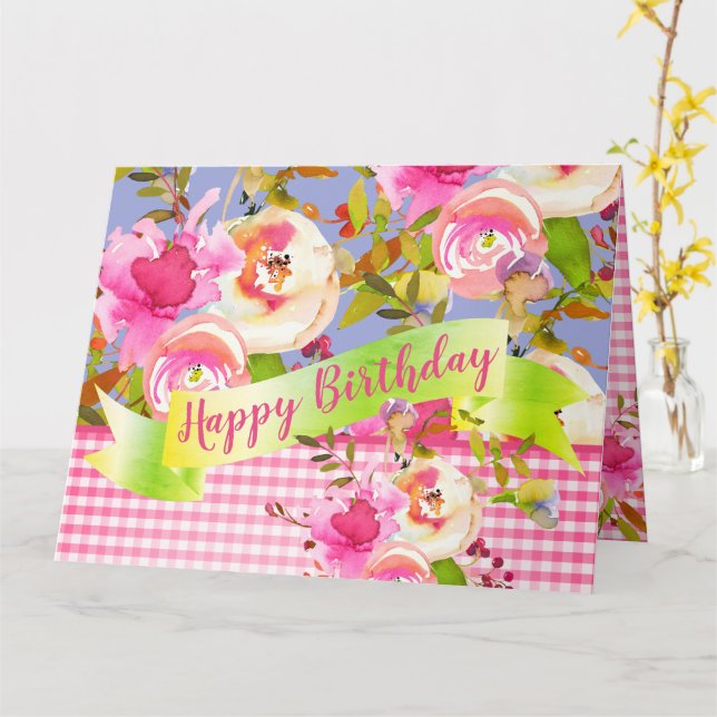 Carte Aquarelle rose Floral Joyeux Anniversaire avec mes (Fleur jaune)