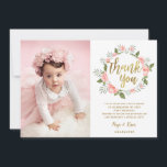 Carte Aquarelle rose Floral Or Merci d'anniversaire<br><div class="desc">Envoyez des cartes de remerciement élégantes après l'anniversaire de votre douce fille avec ce joli design, avec des fleurs roses d'aquarelle et de la typographie fausse feuille d'or, en lisant "Merci". Remplacez simplement la photo par une de vos propres, puis customisez le texte comme vous voulez! Le dos est laissé...</div>