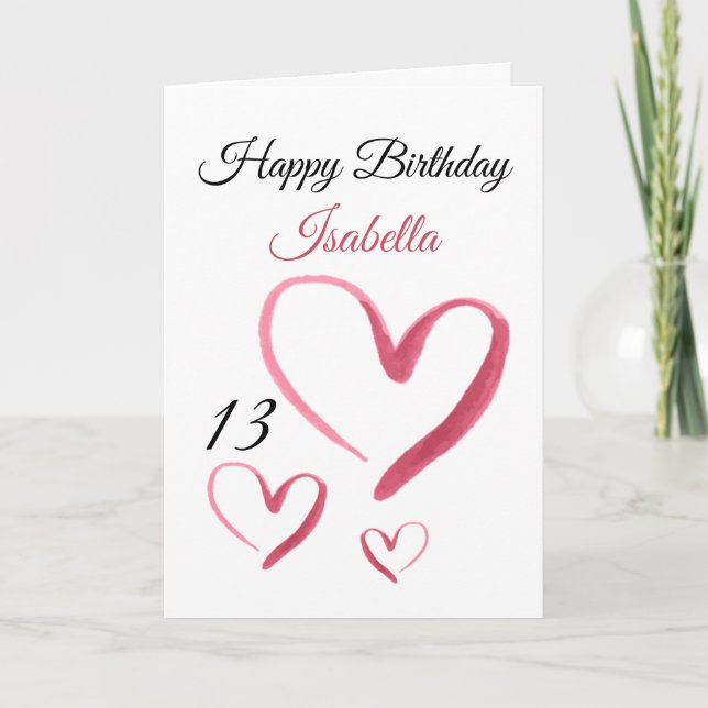 Carte Aquarelle rose mignonne Coeur 13e anniversaire (Devant)
