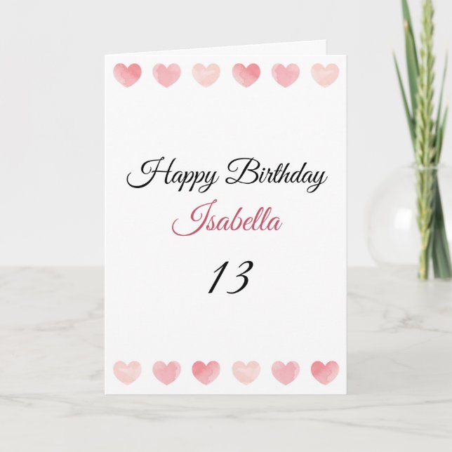 Carte Aquarelle rose mignonne Coeur 13e anniversaire (Devant)