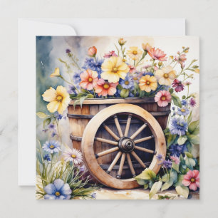 Carte Aquarelle Roue en bois avec fleurs du jardin