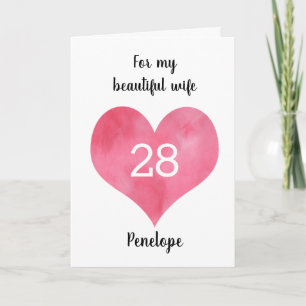 Carte Aquarelle rouge Coeur 28e anniversaire