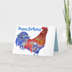 Carte Aquarelle rouge et bleu poulet rôti Anniversaire