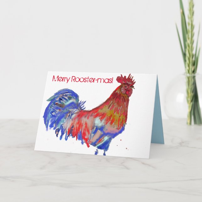 Carte Aquarelle rouge et bleu poulet rôti Noël (Devant)