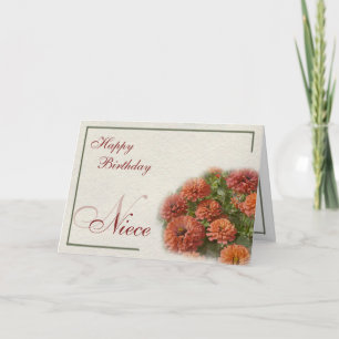 Carte Aquarelle Rouge & Orange Zinnias Niece Anniversair