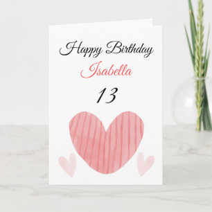 Carte Aquarelle rouge rayée Coeur 13e anniversaire