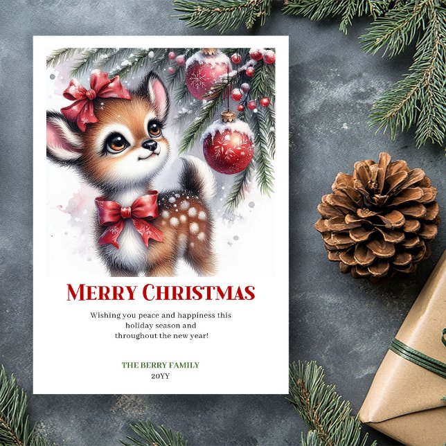 Carte aquarelle scène de Noël avec un charmant béb (Charming Baby Fawn Christmas Scene Watercolor Greeting Card

)