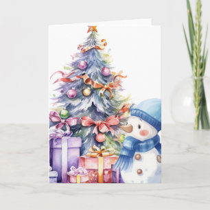 Carte Aquarelle Snowman avec Écart Bleu & Arbre de Noël