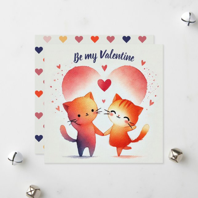 Carte aquarelle "Sois mon Valentin" Cœurs orange (Devant/Arrière en situation)