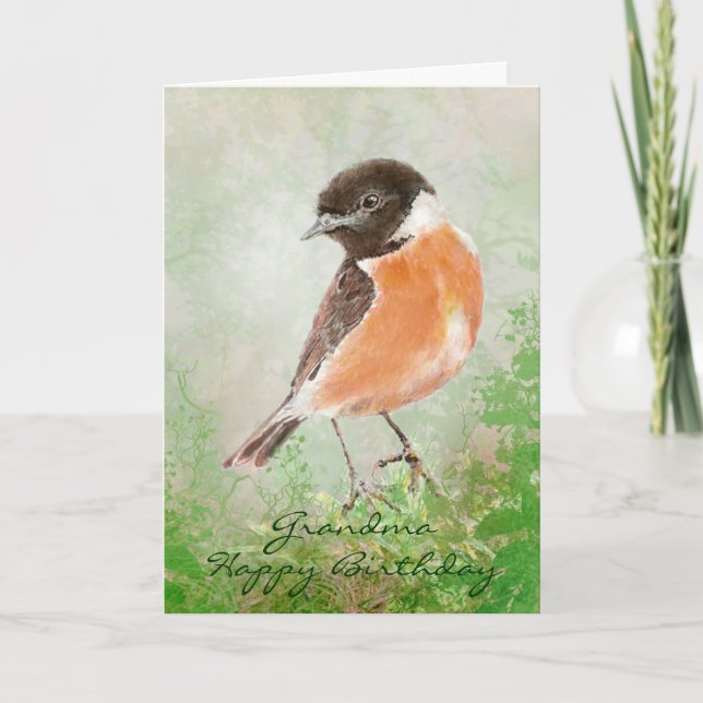 Carte Aquarelle Stonechat Bird Joyeux Anniversaire Grand (Devant)