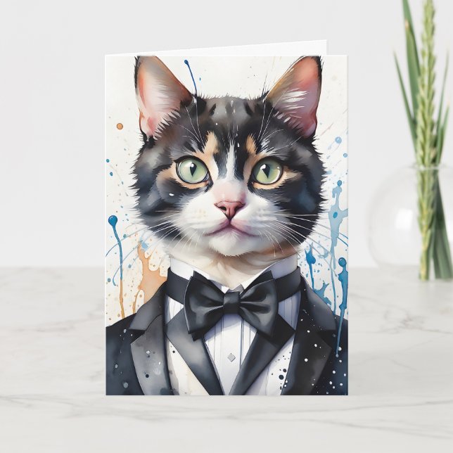 Carte Aquarelle Tabby Chat dans le gilet Tuxedo Cravate  (Devant)