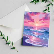 Carte aquarelle vague coucher de soleil océan rose