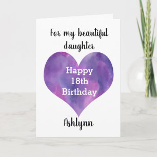 Carte Aquarelle violette Coeur 18e anniversaire fille