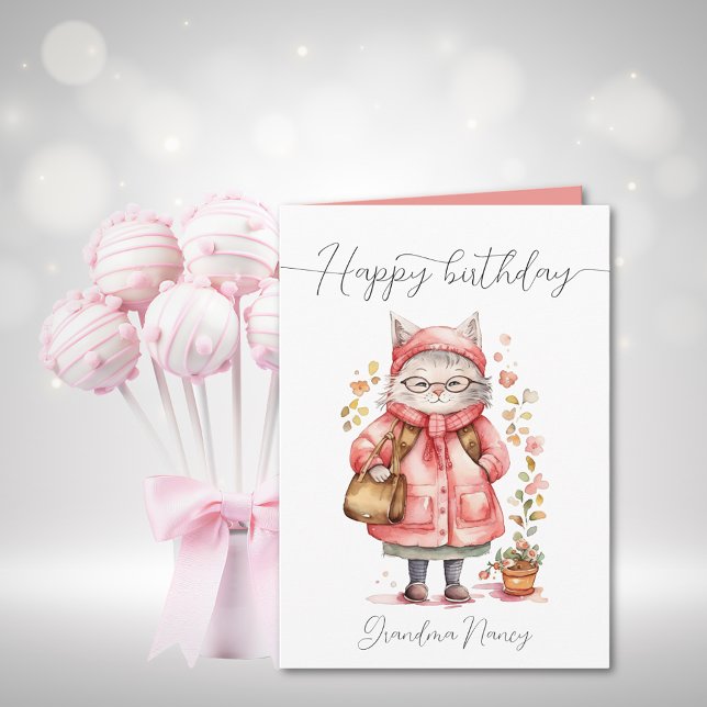 Carte Aquarelle Whimsical Grand-mère Chat Joyeux Anniver (Whimsical Watercolor Grandma Cat Happy Birthday Card)